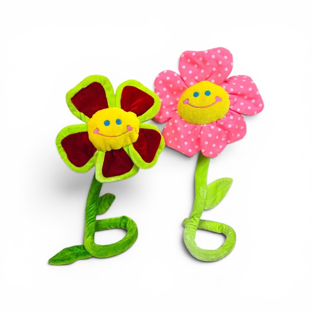Set of 2 Plush Bendable Long Stem Smiley Face Flowers 24" Long